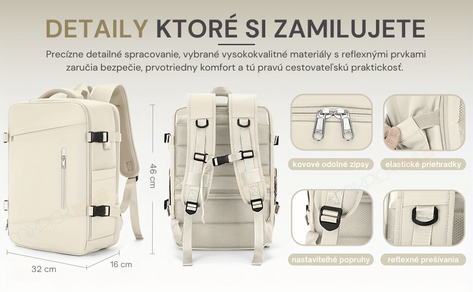 Batoh s precíznym detailným spracovaním, kovovými zipsami, elastickými priehradkami, nastaviteľnými popruhmi a reflexnými prvkami pre zvýšenú bezpečnosť a komfort